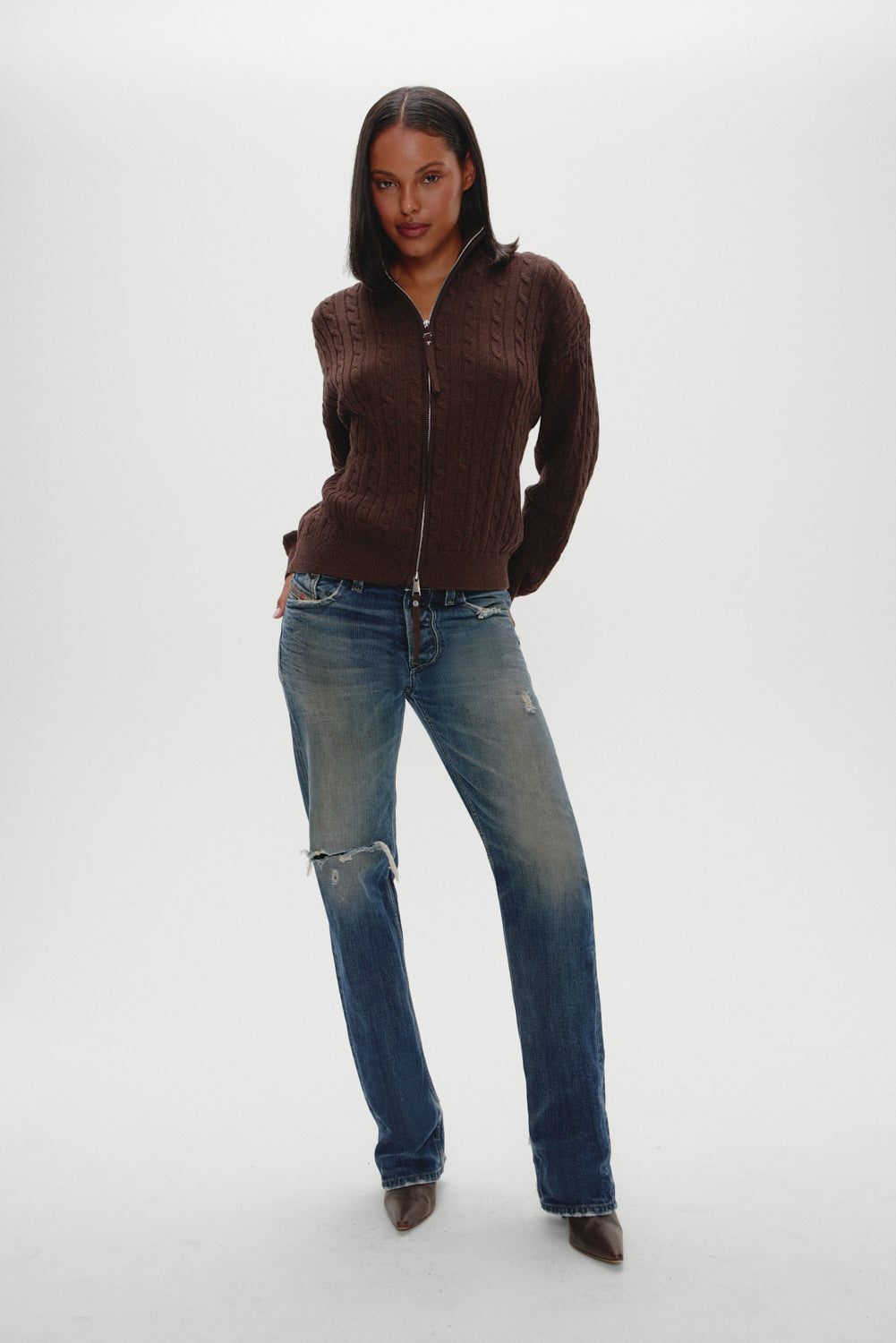 Bea Cable Knit Zip Up Sweater - Chocolate Brown - Image 6